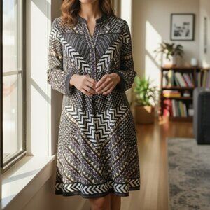 Hale Bob Maren Crepe De Chine Black Purple Dress Suede Trim V Neck Med EUC $235